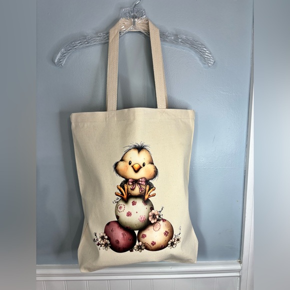 Handmade Handbags - Cute Chick Tote Bag with Floral Eggs Cream Pink Easter Vibes Groceries Handmade